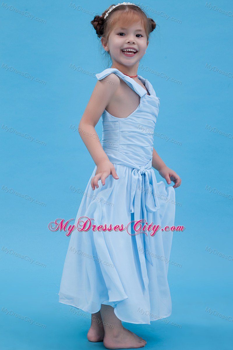 Baby Blue Off the Shoulder Chiffon Ruched Flower Girl Dress