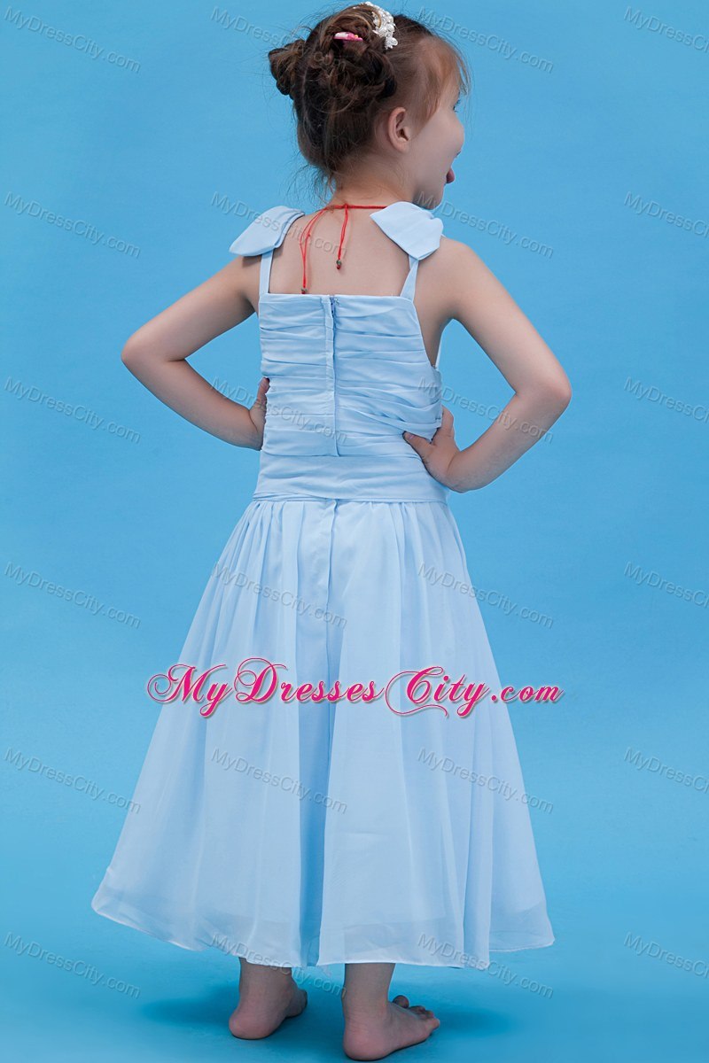 Baby Blue Off the Shoulder Chiffon Ruched Flower Girl Dress