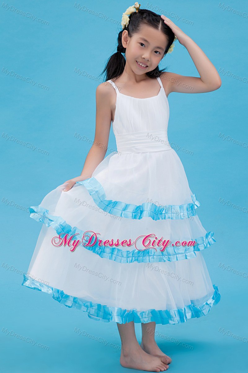 Ankle-length A-line Organza Straps Flower Girl Dress in White