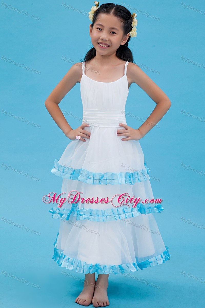 Ankle-length A-line Organza Straps Flower Girl Dress in White