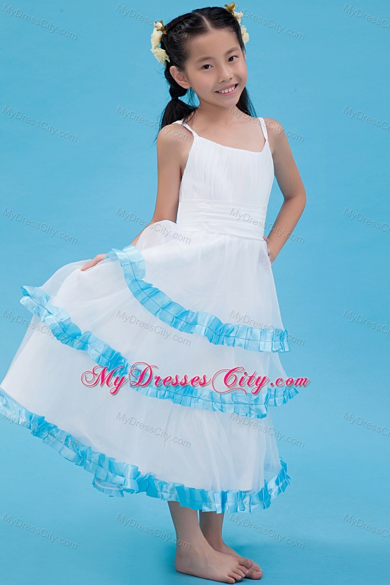 Ankle-length A-line Organza Straps Flower Girl Dress in White