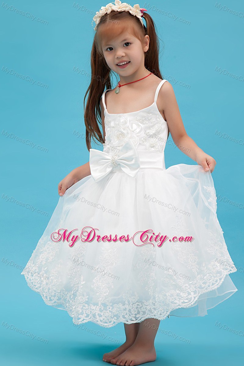 Ankle-length White A-line Straps Organza Sash Flower Girl Dress