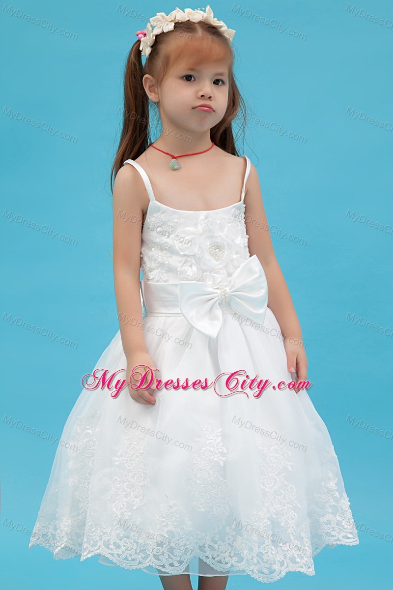 Ankle-length White A-line Straps Organza Sash Flower Girl Dress