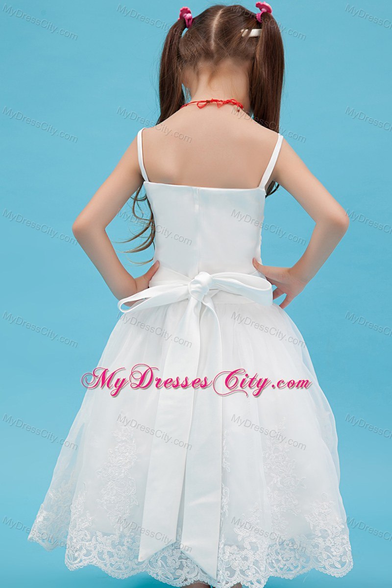 Ankle-length White A-line Straps Organza Sash Flower Girl Dress