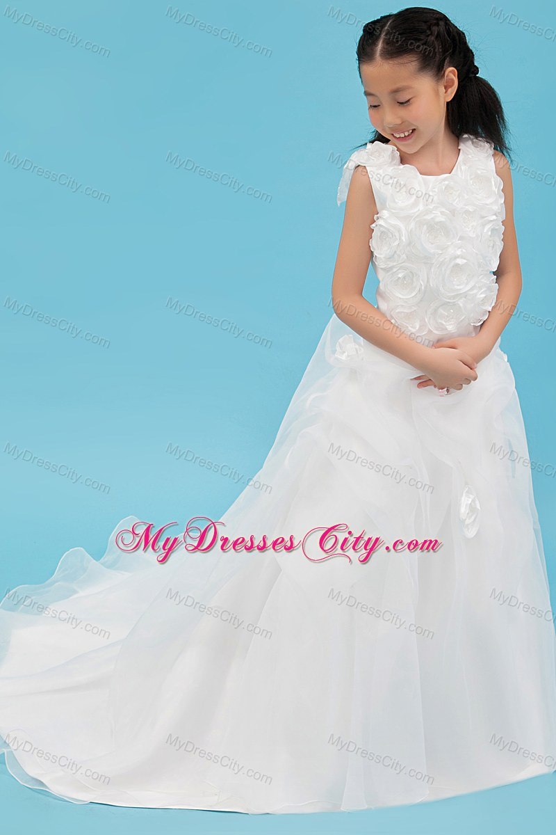 White Scoop Organza Rolling Flowers Girl Dress with Court Train