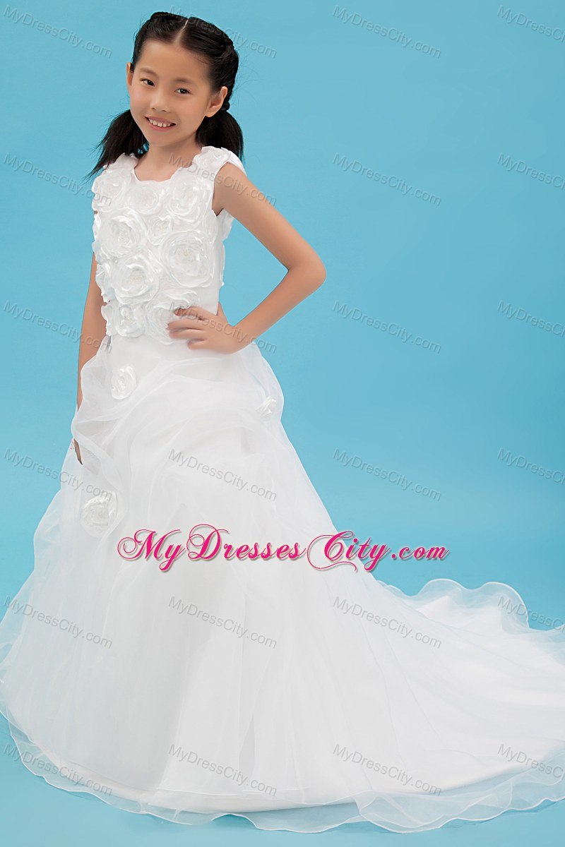 White Scoop Organza Rolling Flowers Girl Dress with Court Train