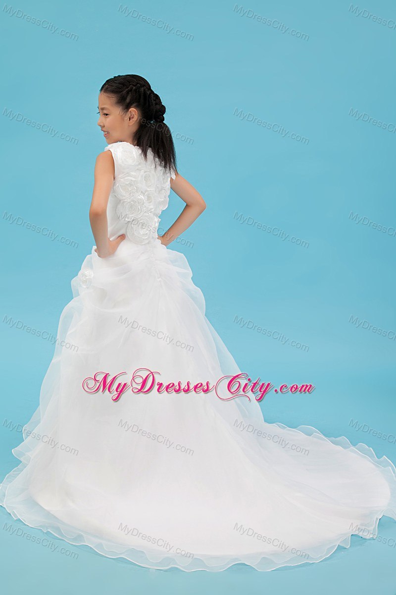 White Scoop Organza Rolling Flowers Girl Dress with Court Train