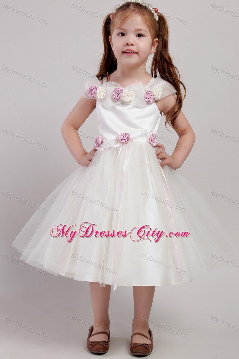 Hand Made Flower White Square Tea-length Tulle Little Girl Dress