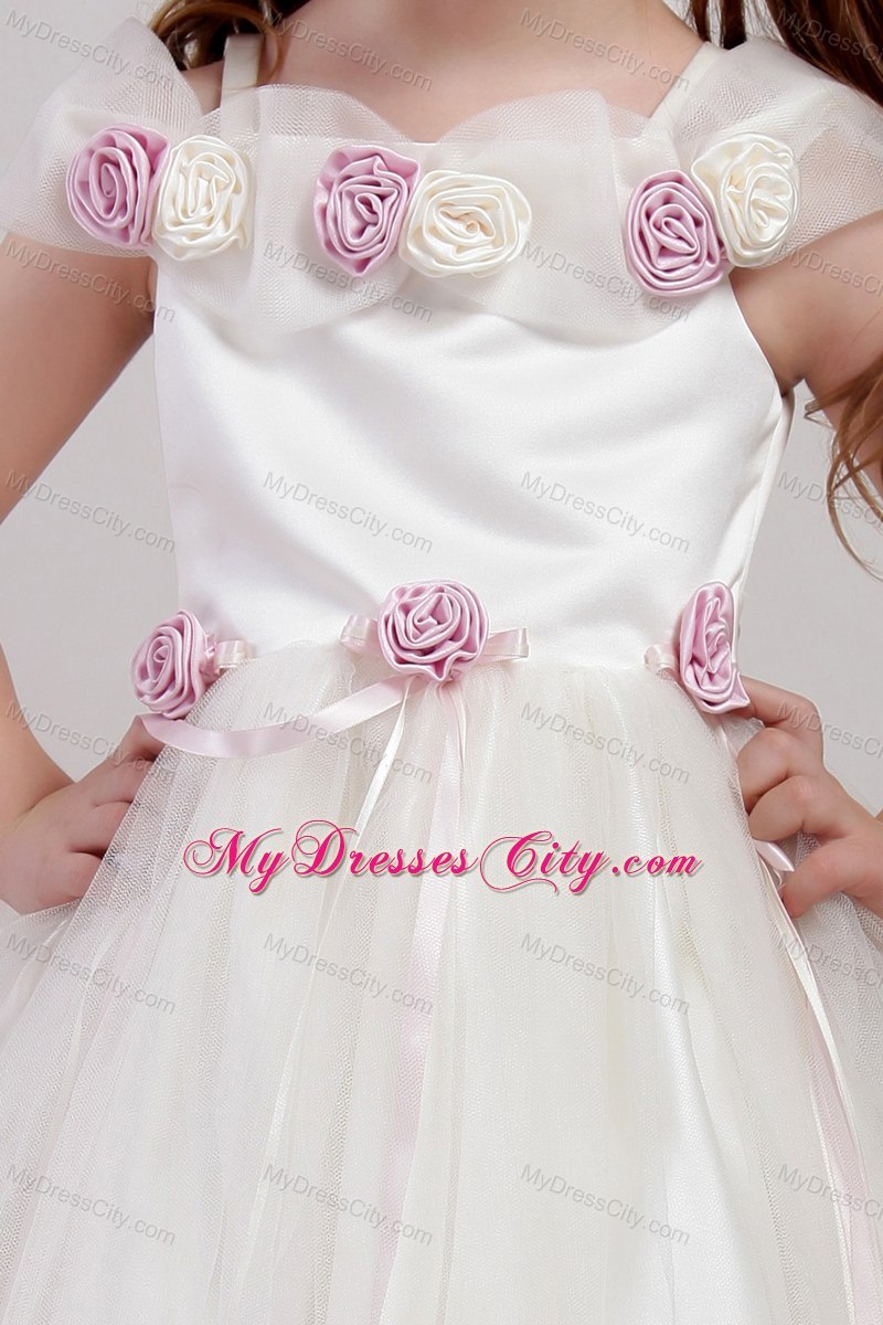 Hand Made Flower White Square Tea-length Tulle Little Girl Dress