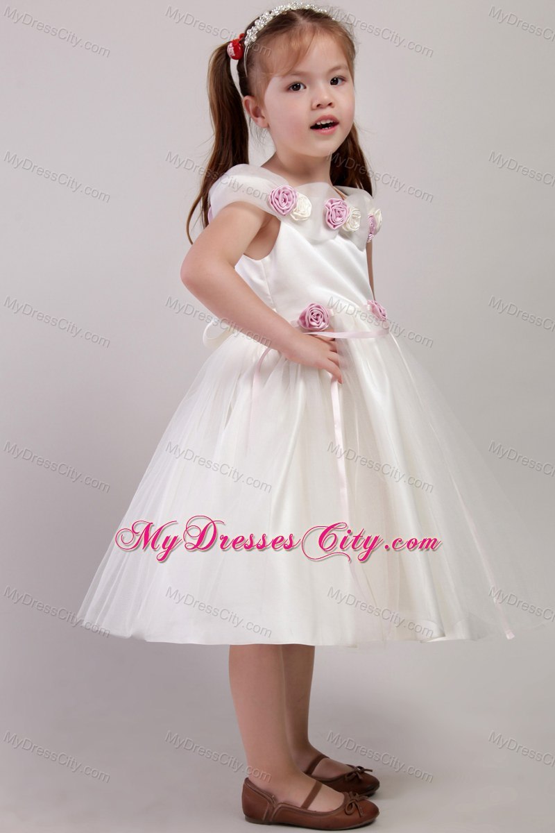 Hand Made Flower White Square Tea-length Tulle Little Girl Dress