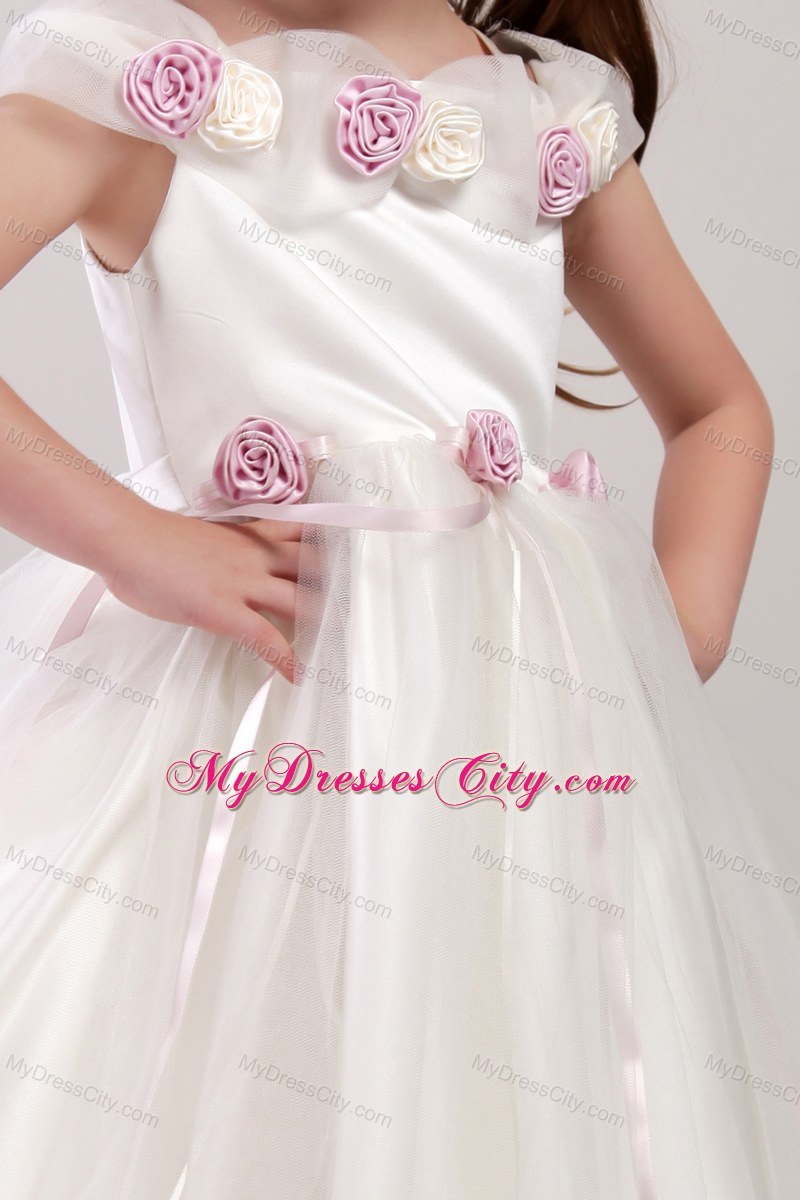 Hand Made Flower White Square Tea-length Tulle Little Girl Dress