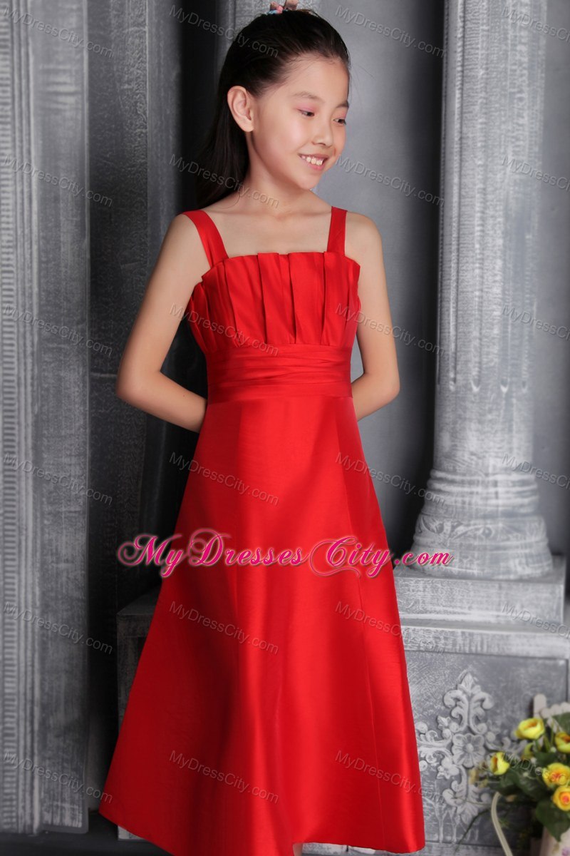 Tea-length Red Satin A-line Wide Straps Flower Girl Dress Ruched