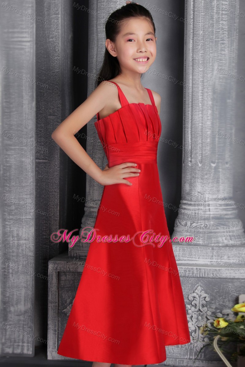 Tea-length Red Satin A-line Wide Straps Flower Girl Dress Ruched