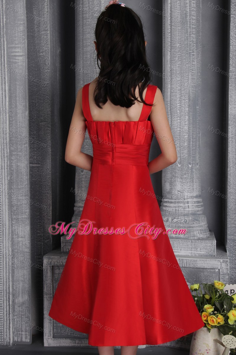 Tea-length Red Satin A-line Wide Straps Flower Girl Dress Ruched