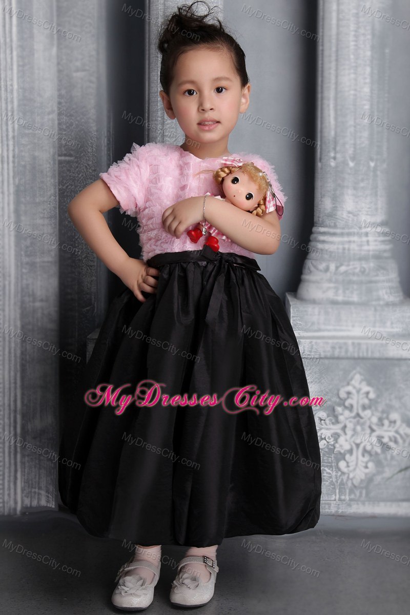 Pink and Black Tea-length Column Scoop Flower Girl Dress Ruffed