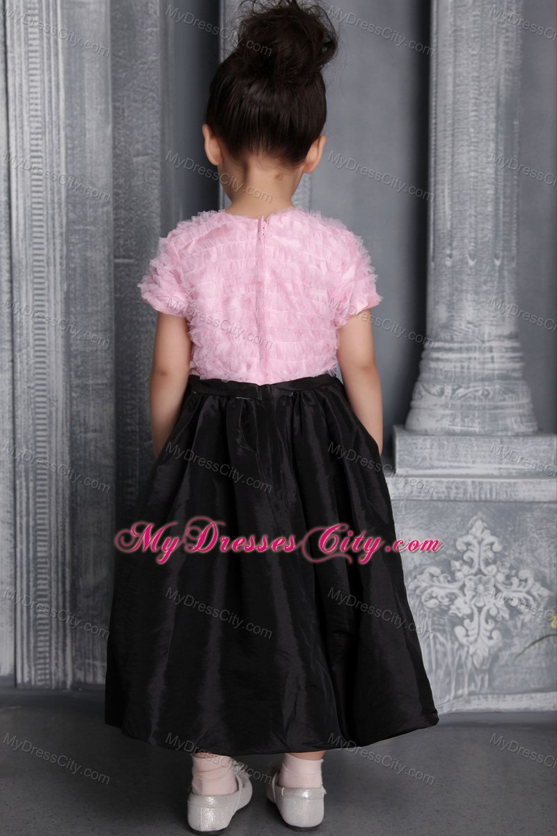 Pink and Black Tea-length Column Scoop Flower Girl Dress Ruffed