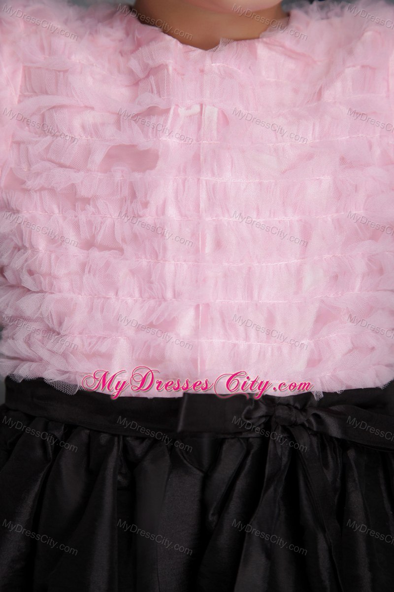 Pink and Black Tea-length Column Scoop Flower Girl Dress Ruffed