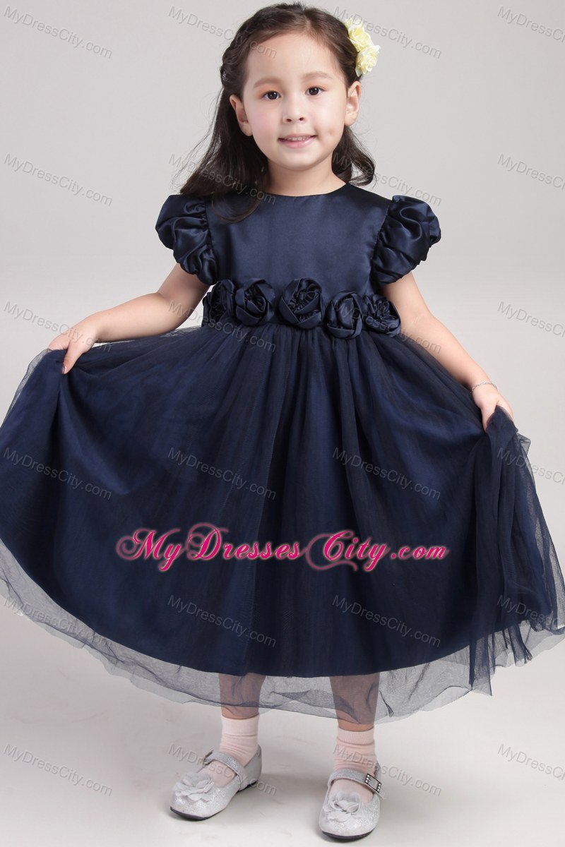 Tea-length Scoop Navy Blue Hand Made Flower Flower Girl Dress