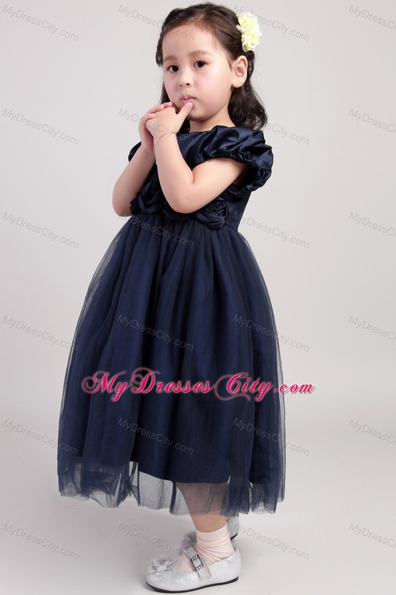 Tea-length Scoop Navy Blue Hand Made Flower Flower Girl Dress