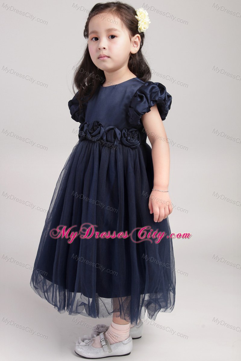 Tea-length Scoop Navy Blue Hand Made Flower Flower Girl Dress