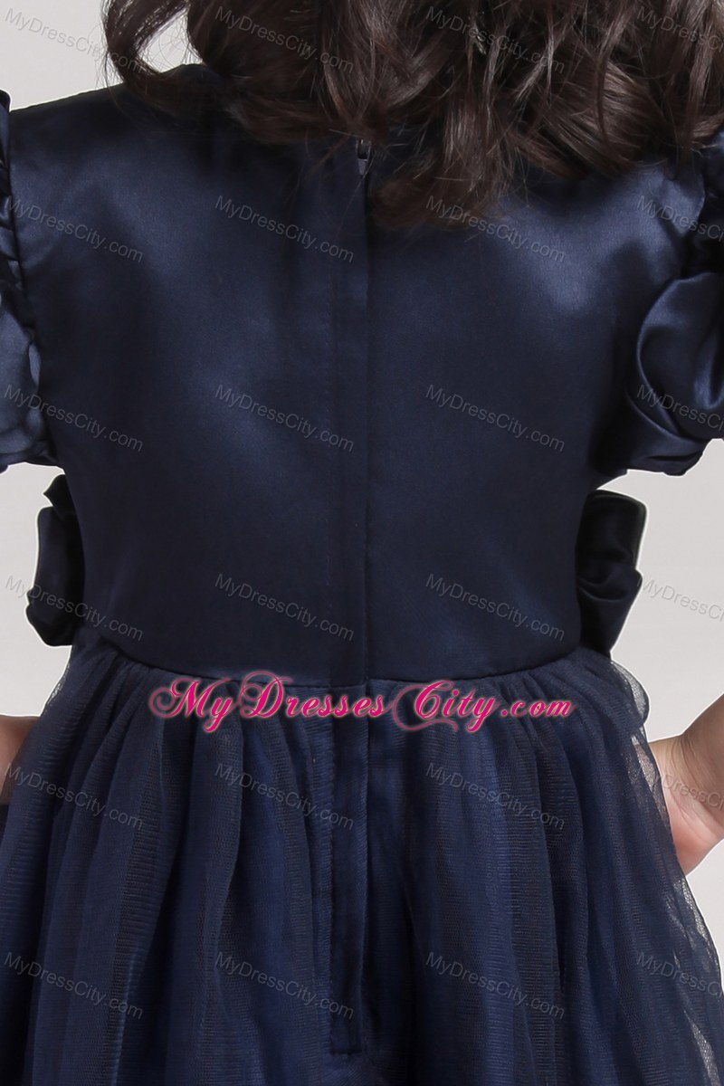 Tea-length Scoop Navy Blue Hand Made Flower Flower Girl Dress