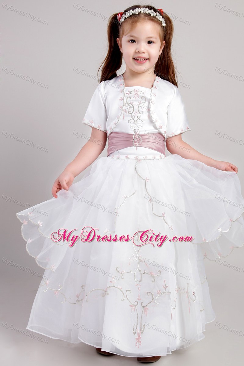 White A-line Ankle-length Embroidery Flower Girl Dress in Square