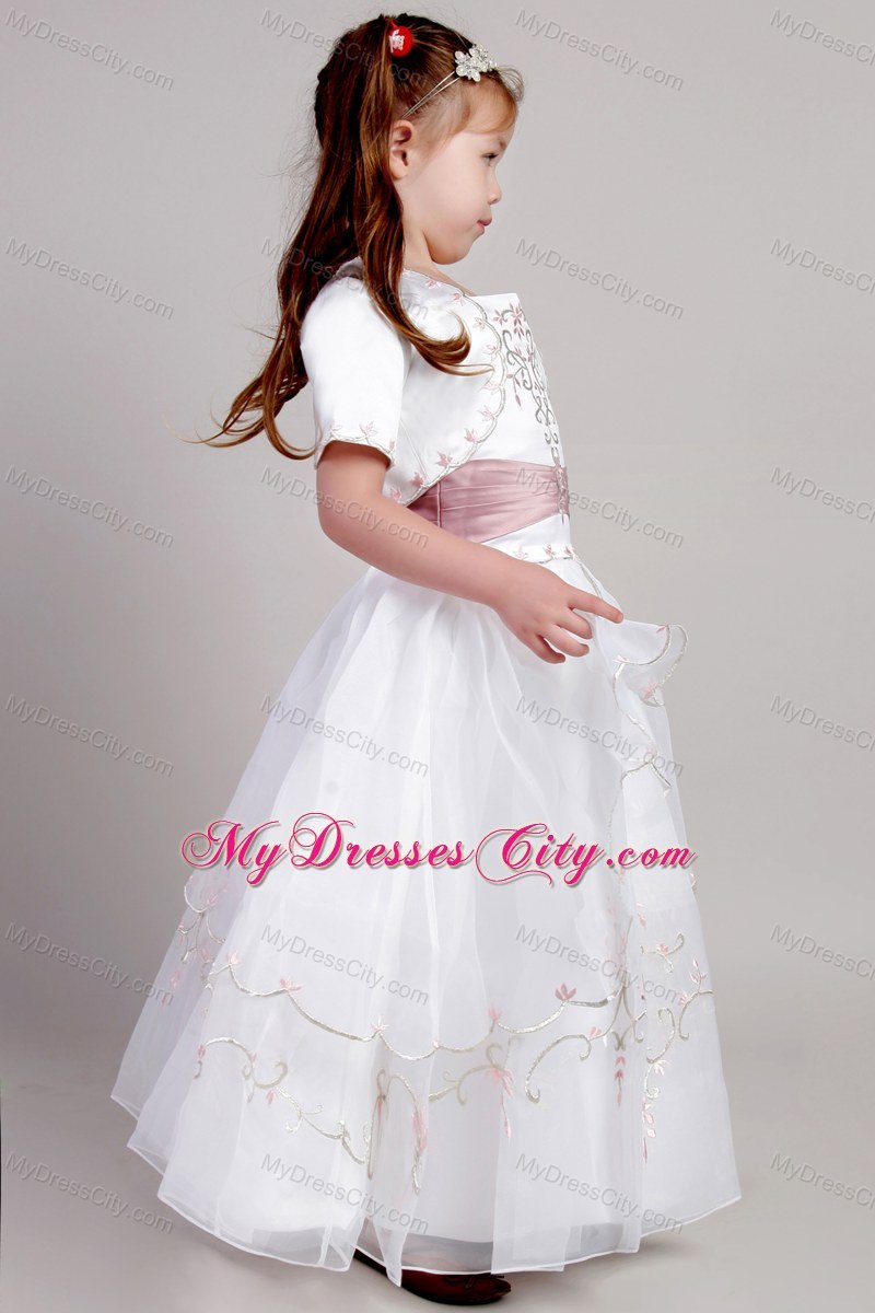 White A-line Ankle-length Embroidery Flower Girl Dress in Square