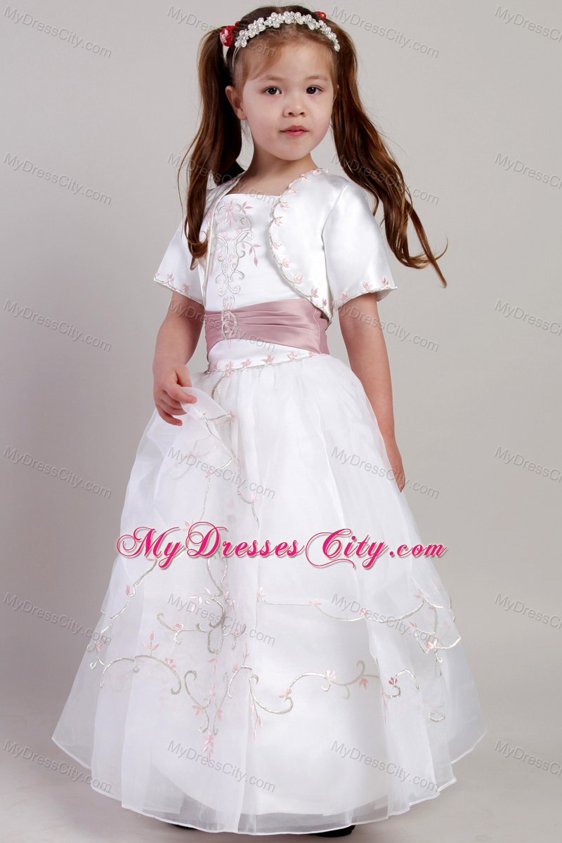 White A-line Ankle-length Embroidery Flower Girl Dress in Square