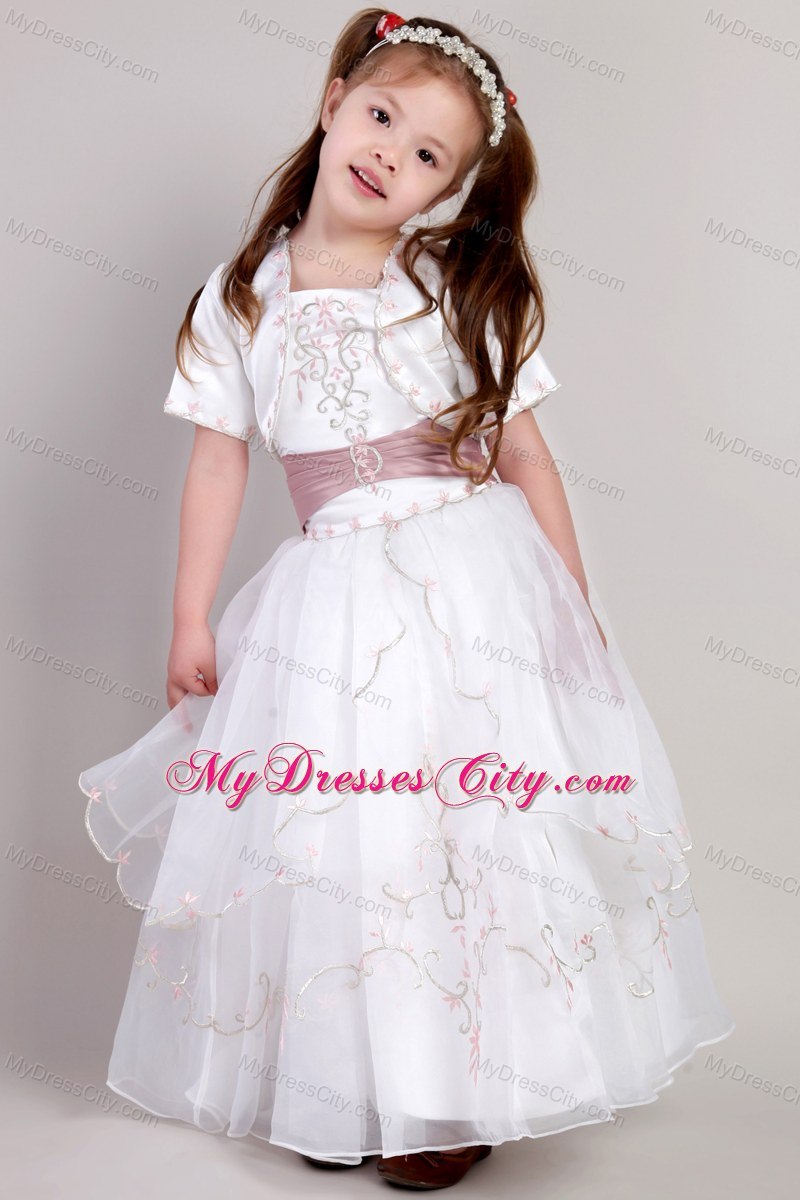 White A-line Ankle-length Embroidery Flower Girl Dress in Square