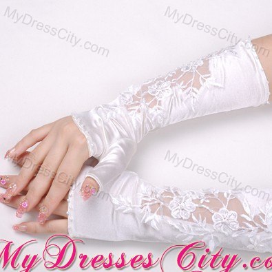 Elegant Satin Fingerless Elbow Length Bridal Gloves With Lace Appliques