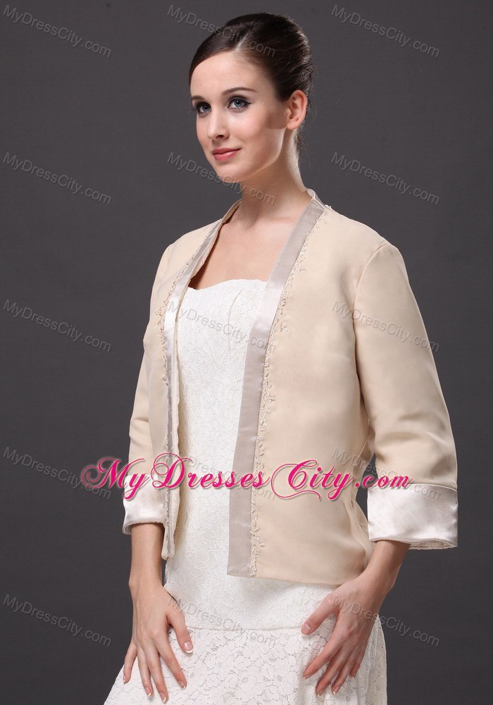 Satin Champagne 3/4 Sleeves Jacket For Other Formal Occasions With Beading Decorate