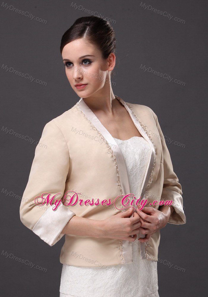 Satin Champagne 3/4 Sleeves Jacket For Other Formal Occasions With Beading Decorate