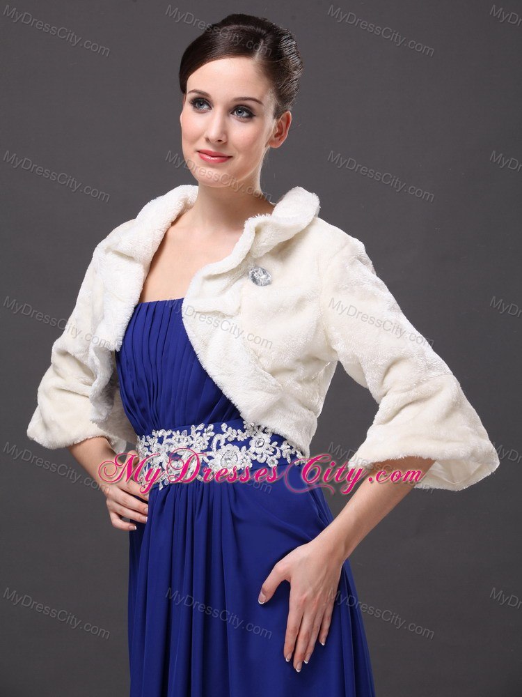 White Faux Fur Open Front Fold-over Collar Prom Jacket