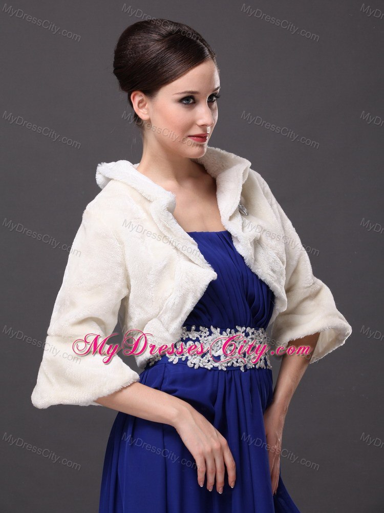 White Faux Fur Open Front Fold-over Collar Prom Jacket