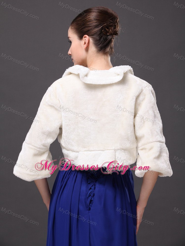 White Faux Fur Open Front Fold-over Collar Prom Jacket