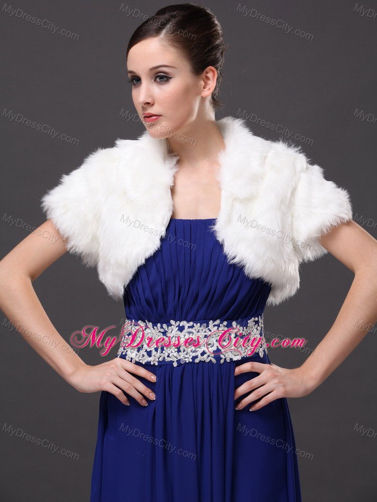 Faux Fur V-Neck Fashionable Wedding Short Sleeves Prom Jacket White