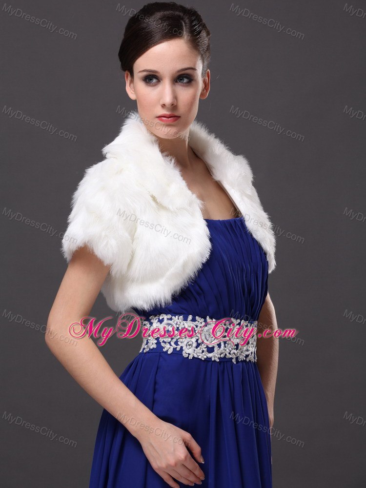 Faux Fur V-Neck Fashionable Wedding Short Sleeves Prom Jacket White