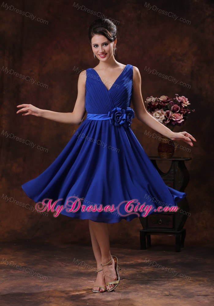 Hand made Flowers and Ruche Decorate V-neck Bridesmaid Dress