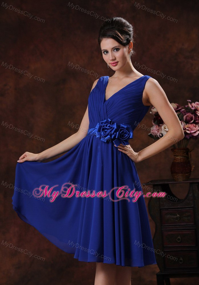 Hand made Flowers and Ruche Decorate V-neck Bridesmaid Dress