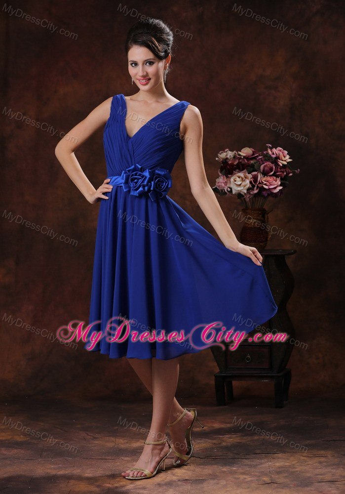 Hand made Flowers and Ruche Decorate V-neck Bridesmaid Dress