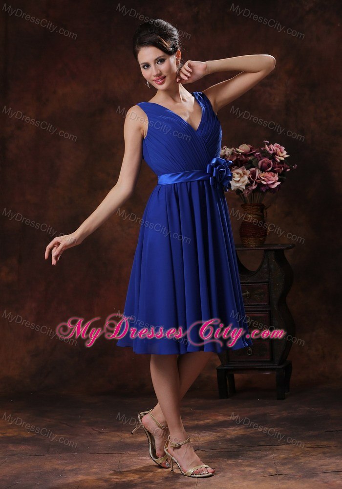 Hand made Flowers and Ruche Decorate V-neck Bridesmaid Dress