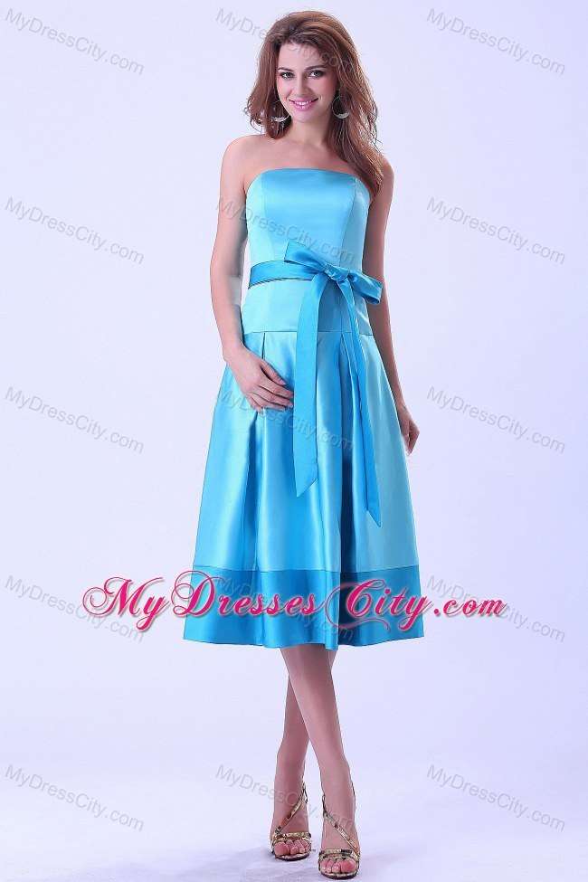 Aqua Blue Tea-length Junior Bridesmaid Dress With Bowknot