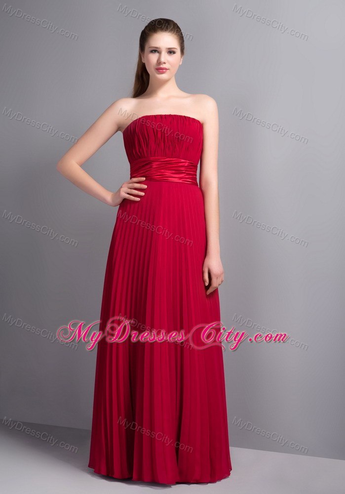 Pleating Bridesmaid Dress with Satin Sash in Wine Red