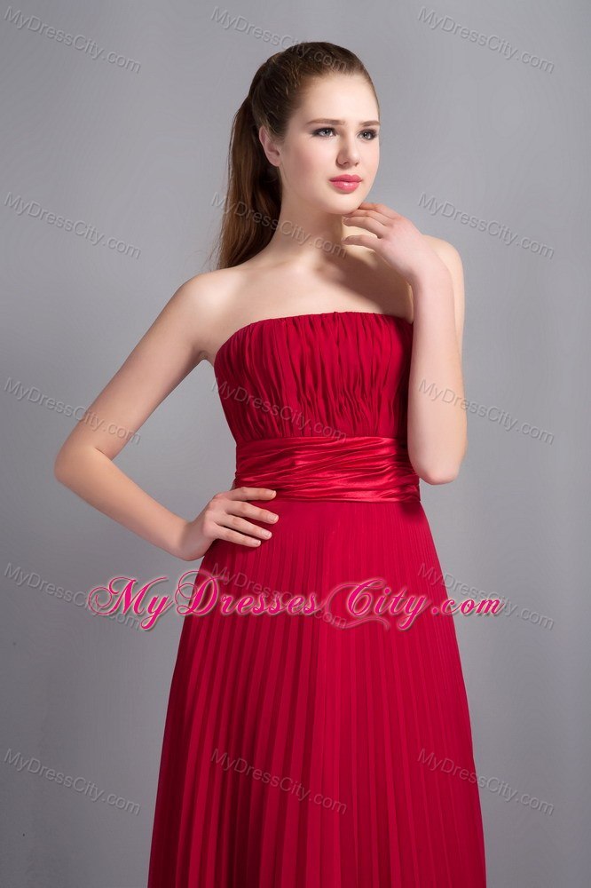 Pleating Bridesmaid Dress with Satin Sash in Wine Red