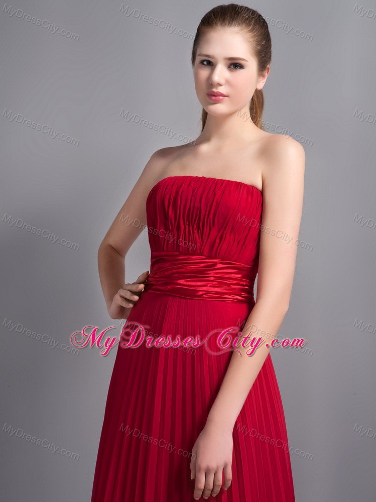 Pleating Bridesmaid Dress with Satin Sash in Wine Red