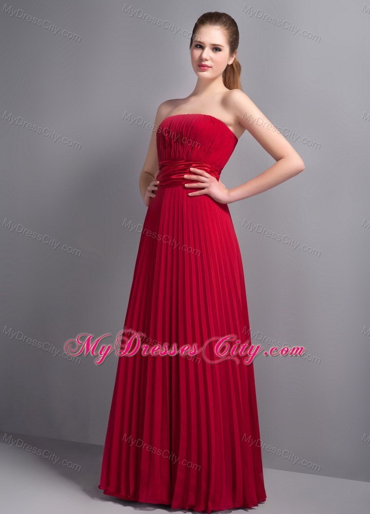 Pleating Bridesmaid Dress with Satin Sash in Wine Red