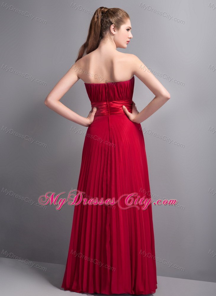 Pleating Bridesmaid Dress with Satin Sash in Wine Red