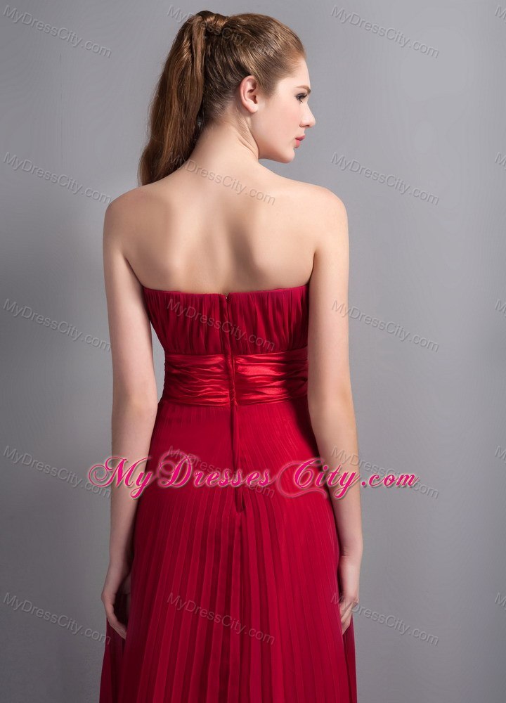 Pleating Bridesmaid Dress with Satin Sash in Wine Red