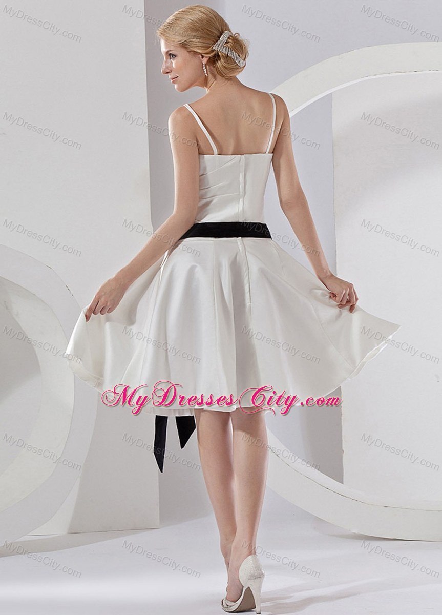 Spaghetti Straps Taffeta Knee-length Bridesmaid Dress with Black Sash