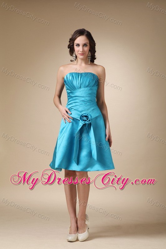 Turquoise Knee-length Satin Hand Made Flower Bridesmaid Dress